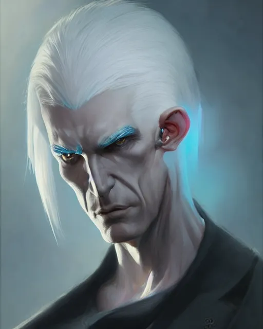 Image similar to character portrait of a slender half eldar man with white hair, piercing blue eyes, and pale bluish skin, by greg rutkowski, mark brookes, jim burns, tom bagshaw, trending on artstation