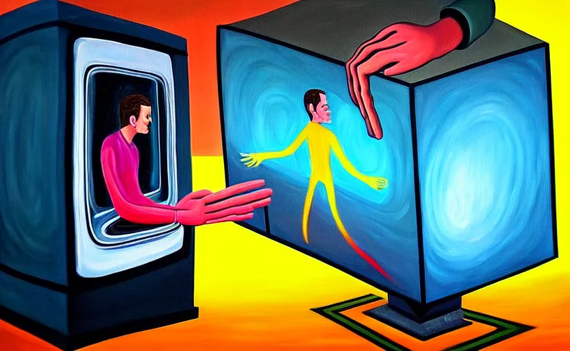 Image similar to a painting of someone stuck inside a dream but they really stuck inside a giant computer, you can see hands on the outside pulling the strings, surrealist, colour