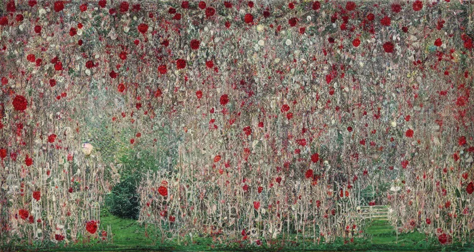 Image similar to A painting of an English Garden in summer, dawn, by Chiharu Shiota