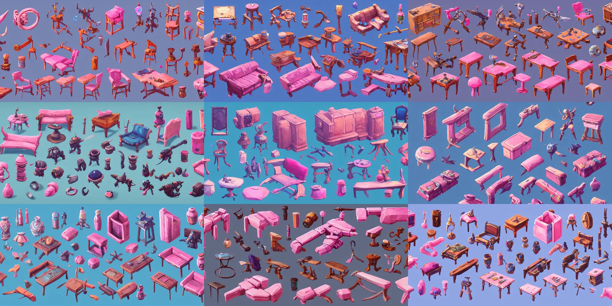 Prompt: game asset of furniture and decor, in gouache detailed paintings, props, stylized, 2 d sprites, kitbash, arcane, overwatch, blue and pink color scheme, 8 k, close up