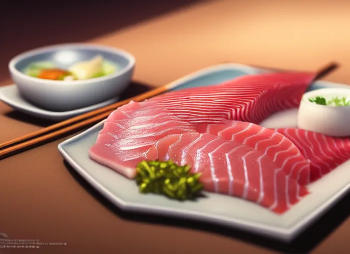 Prompt: a film still portrait of japanese food sashimi, finely detailed features, closeup at the food, perfect art, at a dinner table, gapmoe yandere grimdark, trending on pixiv fanbox, painted by greg rutkowski makoto shinkai takashi takeuchi studio ghibli, akihiko yoshida