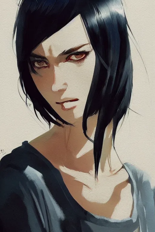 Image similar to a ultradetailed beautiful painting of a stylish woman with a white tank top, she has short black hair with bangs, by conrad roset, greg rutkowski and makoto shinkai trending on artstation