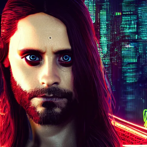 Image similar to jared leto portrait, cyberpunk 2 0 7 7, cyberpunk jackie welles, photorealistic, ultra detailed, neon, octane, bokeh, cinematic lighting, cyber, cyberpunk city, studio quality, feature, scars, cyberface, 8 k