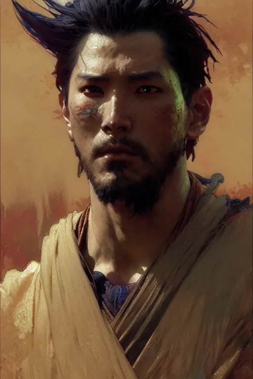 Image similar to attractive man, ghost of tsushima, cool colors, painting by gaston bussiere, craig mullins, greg rutkowski, alphonse mucha