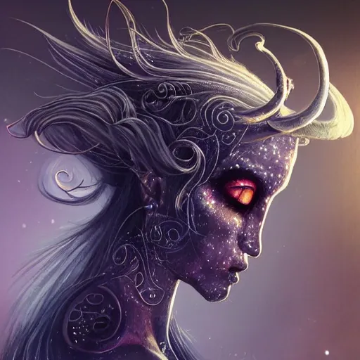 Prompt: a wlop 3 d render of very very very very highly detailed beautiful mystic portrait of a phantom undead unicorn with whirling galaxy around, tattoos by anton pieck, intricate, extremely detailed, digital painting, artstation, concept art, smooth, sharp focus, illustration, intimidating lighting, incredible art,