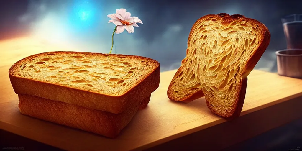 Image similar to epic professional digital art of a bread toast!!!! wearing 👓 and a blue flower, best on artstation, cgsociety, wlop, cosmic, epic, stunning, gorgeous, much detail, much wow, masterpiece, backlight