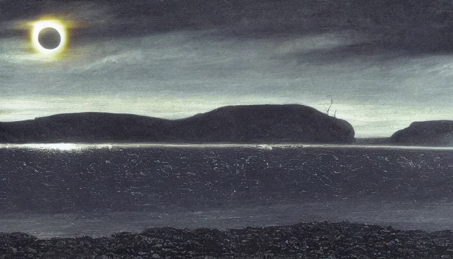 Image similar to solar eclipse in iceland, black sand, water, one tree, caspar david friedrich, dramatic, art station