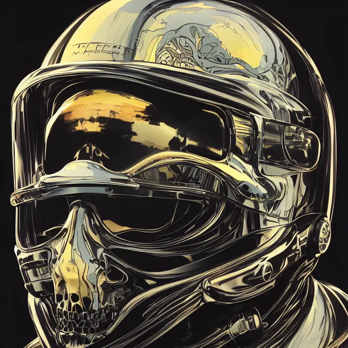 Image similar to portrait of a skull in a racing helmet. intricate abstract. intricate artwork. by Tooth Wu, wlop, beeple, dan mumford. octane render, trending on artstation, greg rutkowski very coherent symmetrical artwork. cinematic, hyper realism, high detail, octane render, 8k, iridescent accents