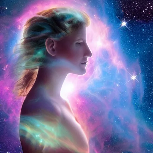 Prompt: Side profile portrait of an attractive Greek celestial goddess with an aquiline nose, and a gental smile. Her head is tilted down. She is made of glowing blue nebula gas, and her blue face is emerging from a larger pink and orange nebula which is her hair. High resolution image by Hubble Space Telescope.