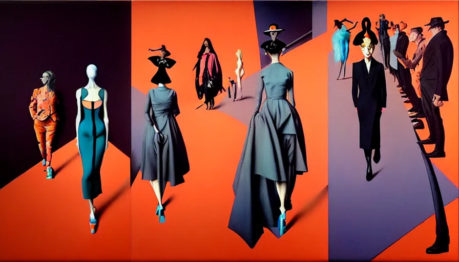 Prompt: dior 2 0 0 0 runway show by francis bacon, surreal, norman rockwell and james jean, greg hildebrandt, and mark brooks, triadic color scheme, by greg rutkowski, syd mead and edward hopper and norman rockwell and beksinski, lingerie, dark surrealism, orange and turquoise