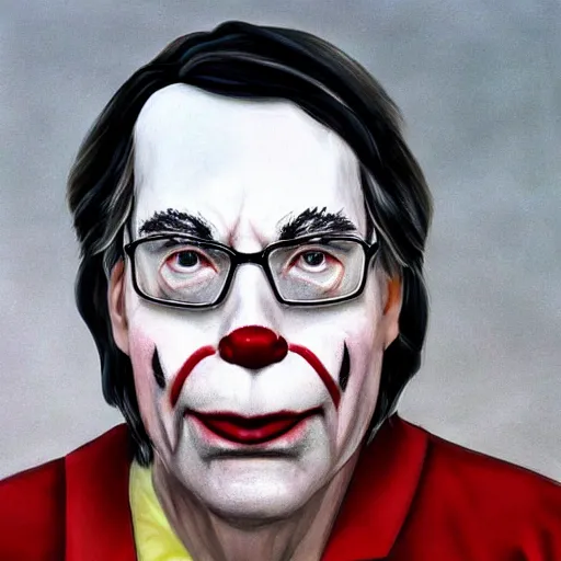 Image similar to a portrait of stephen king with clown makeup on