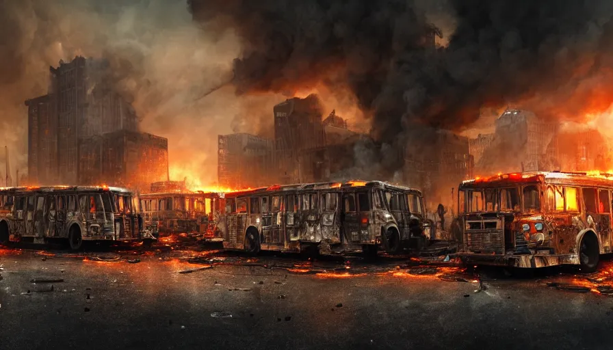 Image similar to A detailed render of a post apocalyptic scene of Fire and explosions on the 3rd precinct, burned down city buses on fire, sci-fi concept art, lots of fire, panic, dark, clouds, 8k, high detail, advanced rendering whimsically designed art, 4k post-processing highly detailed, Soft illumination