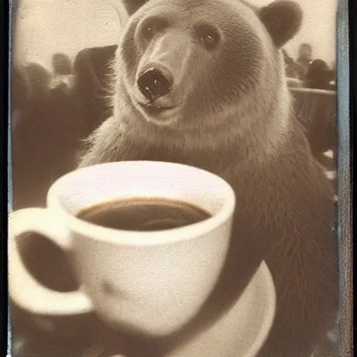 Prompt: a very beautiful old Polaroid picture of a bear drinking coffee inside a coffee shop, award winning photography, damaged