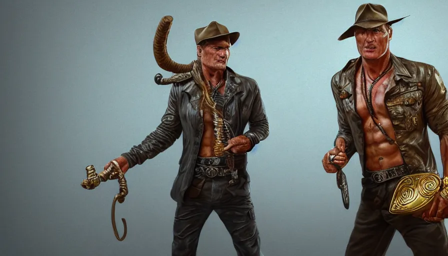 Image similar to dolph lundgren as indiana jones holding a whip in left hand and holding a golden mayan skull in the right hand, grey background, hyperdetailed, artstation, cgsociety, 8 k