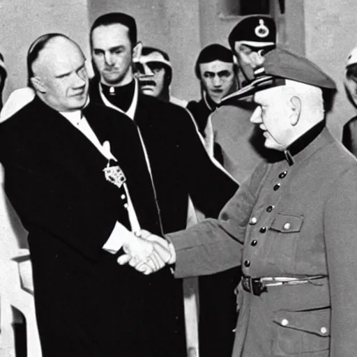 Prompt: Adolph Hitler meeting John Paul II, cyberpunk style