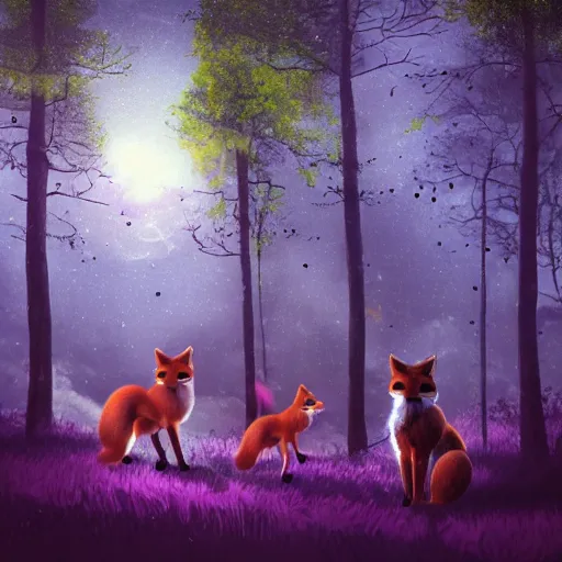 Image similar to an enchanting forest, foxes stand on their hind legs, look at the sky and wave goodbye with their forelegs. there is a purple unidentified flying object in the sky. fantasy. realistic photo. very clear shots.