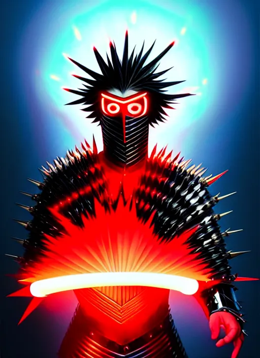 Image similar to a striking cinematic full body manga portrait of a long black haired masked male teenager wearing imposing red jagged spiked plate armour and glowing with raging powerful red energy by hirohiko araki and beeple, fine details, digital art, character concept art, volumetric lighting, cinematic light, photorealistic