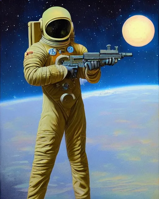 Image similar to a painting of a spaceman holding a rifle, concept art by michael whelan and tim white and vincent di fate, featured on deviantart, space art, concept art, sci - fi, cosmic horror