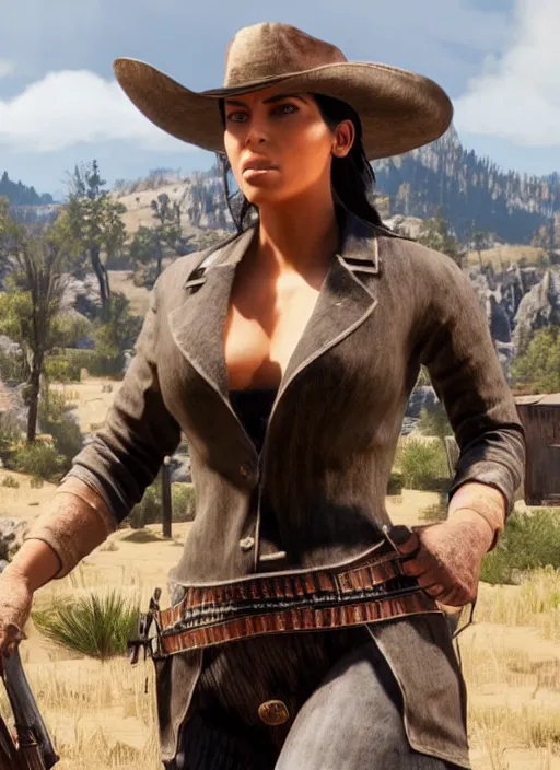 Image similar to film still of kim kardashian as Sadie Adler in rdr2.