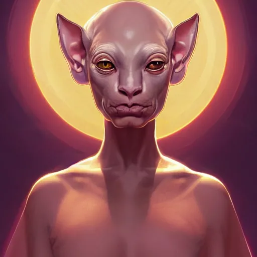 Image similar to godlike sphynx cat, animal sphynx cat, anthropomorphic sphynx cat, deity, holy robes, holy light aura, ultra details, art by artgerm, dwayne barlowe, trending on artstation and greg rutkowski and alphonse mucha, 8 k