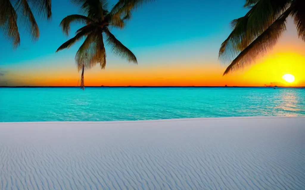 Prompt: isolated peaceful tropical island beach, white sands, perfect sunset, turquoise lagoon