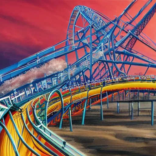 Prompt: painting of top thrill dragster at cedar point, illustration, artistic, colorful, hyper detailed, in the style of Greg Rutkowski