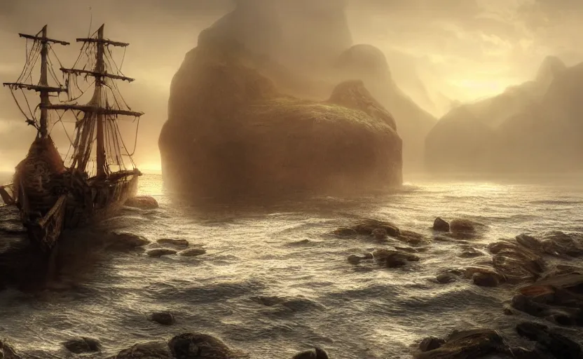 Image similar to old wooden pirate ship, directed by charlie kaufman ( 2 0 0 1 ) anamorphic lenses, a rocky shore in the foreground, foggy volumetric light morning, a beam of light from the heavens, cinematic trending on artstation in the style of greg rutkowski