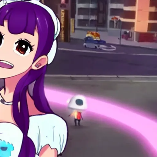 Prompt: Ariana Grande as a cute anime woman destroying a city