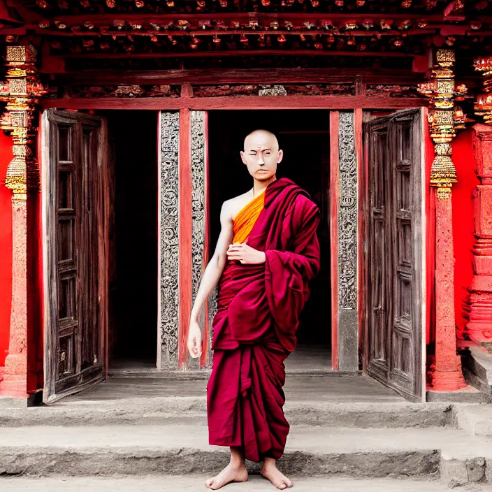 Image similar to fashion editorial buddhist monk in nepal temple, monastery, portrait, photography, very beautiful, highly detailed, intricate