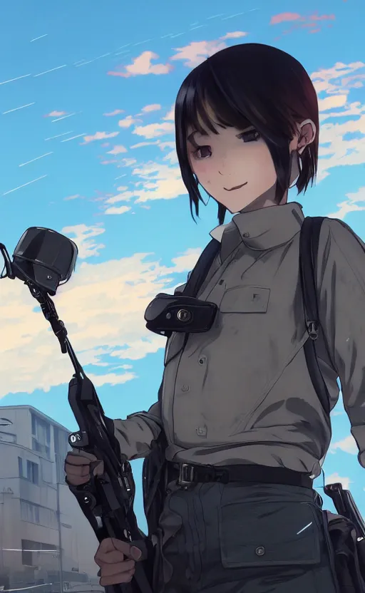 Prompt: anime style, gta 5, panoramic view of girl, searchlights in background, soldier clothing, short hair, hair down, symmetrical facial features, from arknights, hyper realistic, extreme detail, detailed drawing, trending artstation, hd, d & d, realistic lighting, by alphonse mucha, greg rutkowski, sharp focus, backlit, blue eyes