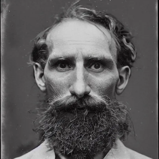 Prompt: A photograph portrait of Jerma985 with crazy hair and a pyramidal mustache in the late 1800s, taken in the late 1800s, 1870s, grainy, taken on a Field View Camera, realistic, hyperrealistic, very realistic, highly detailed, very detailed, extremely detailed, detailed, digital art, trending on artstation