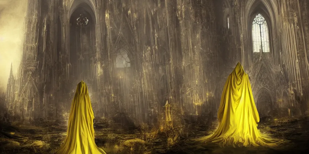 Image similar to a tall towering huge pale human wearing a yellow garment sitting upon an ornate stone throne, 4K, digital art, lovecraftian, lovecraft art, artstation, horror, dramatic, wearing a long yellow rotting garment, dark, hyperrealistic, dramatic perspective, complex (((dark))) cathedral background, dark background, highlights,