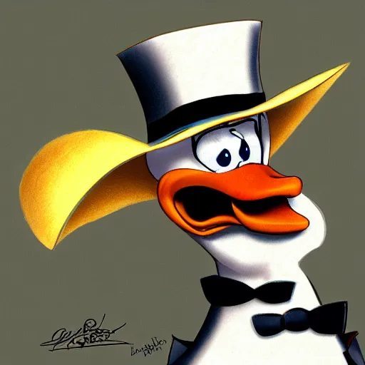 Image similar to a cartoon duck with a top hat and cane, a character portrait by Don Bluth, deviantart, furry art, character, deviantart hd, official art