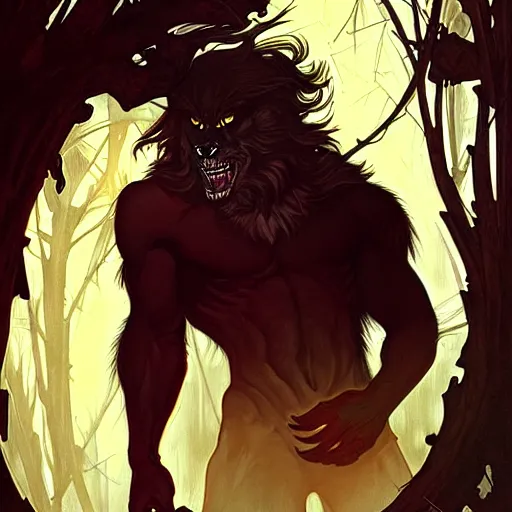 Image similar to a male werewolf, illustration, thriller atmosphere, art by artgerm and greg rutkowski and alphonse mucha