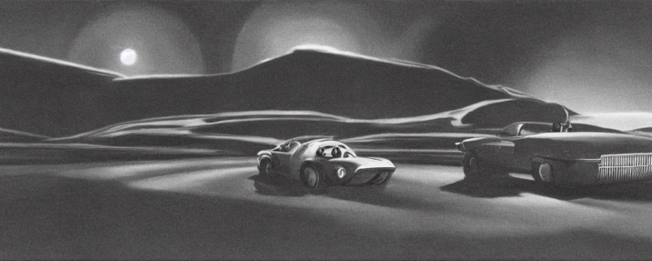 Image similar to a man driving a car in the dark, a screenshot by Chesley Bonestell, featured on cg society, les automatistes, reimagined by industrial light and magic, cinematic lighting, movie still