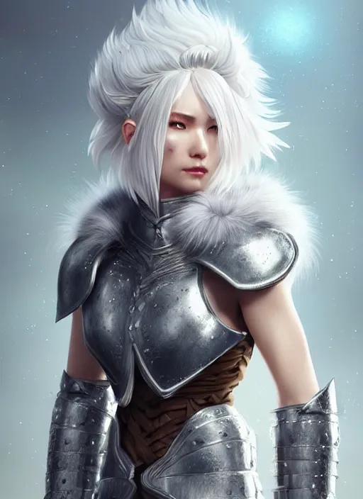 Image similar to warrior, fur - lined leather armor!!! beautiful and elegant white hair female!! gorgeous ayes!! character concept art, sharp focus, octane render! unreal engine 5! highly rendered!! trending on artstation!! detailed linework!! illustration by artgerm, wlop, and chie yoshii