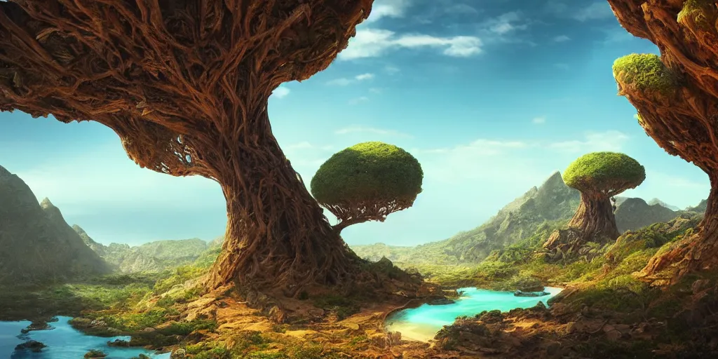 Image similar to Lively landscape of a socotra island filled with socotra dragon trees, realistic detailed digital art by Maxwell Boas Jessica Rossier Christian Dimitrov Anton Fadeev trending on Artstation CGSociety rendered in Unreal Engine 4k HQ