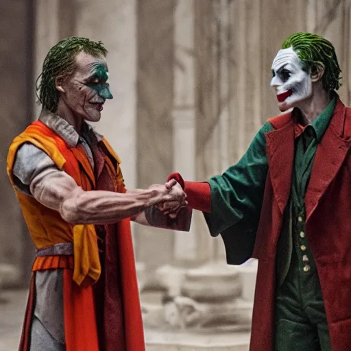 Image similar to cinematic shot of the joker shaking hands with julius caesar in ancient rome, 8 k, very detailed, very intricate,