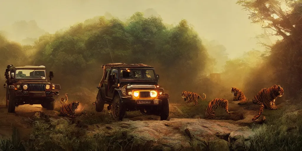 Image similar to Mahindra thar, headlights turned on, tigers and lions attacking, chasing action scene, an epic fantasy, dramatic lighting, cinematic, establishing shot, extremely high detail, photorealistic, cinematic lighting, matte painting, artstation, by simon stalenhag, horizon forbideen west