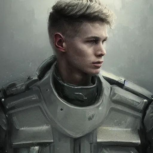 Image similar to Portrait of a man by Greg Rutkowski, he is about 20 years old, norwegian, short blond hair, young, manly, attractive, strong, older brother vibes, he is wearing futuristic military fatigues, highly detailed portrait, scifi, digital painting, artstation, concept art, smooth, sharp foccus ilustration, Artstation HQ