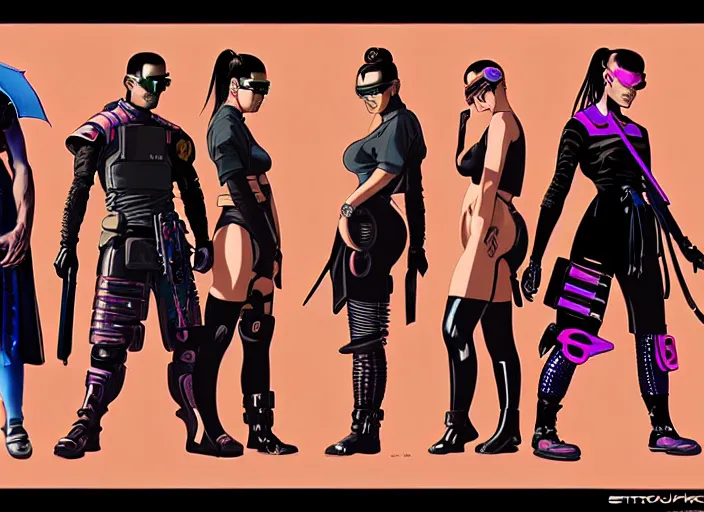 Image similar to cyberpunk samurai team. cyberpunk katana. portrait by stonehouse and mœbius and will eisner and gil elvgren and pixar. character design. realistic proportions. cyberpunk 2 0 7 7 character art, blade runner 2 0 4 9 concept art. cel shading. attractive face. thick lines. the team. diverse characters. artstationhq.