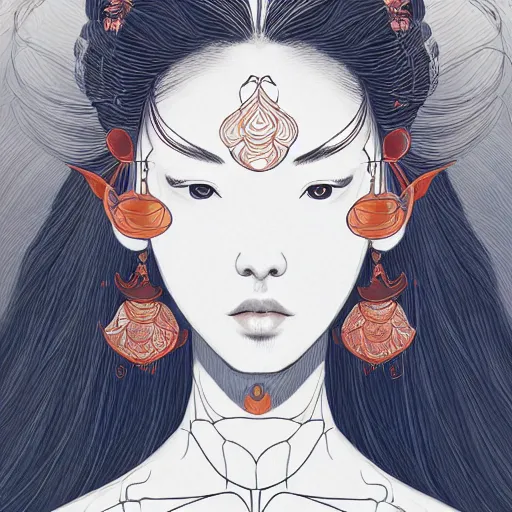 Image similar to the face of an incredibly beautiful, graceful, elegant, and sophisticated young japanese woman dressed as a bulb of garlic, an ultrafine detailed illustration by james jean, intricate linework, bright colors, final fantasy, behance contest winner, vanitas, angular, altermodern, unreal engine 5 highly rendered, global illumination, radiant light, detailed and intricate environment