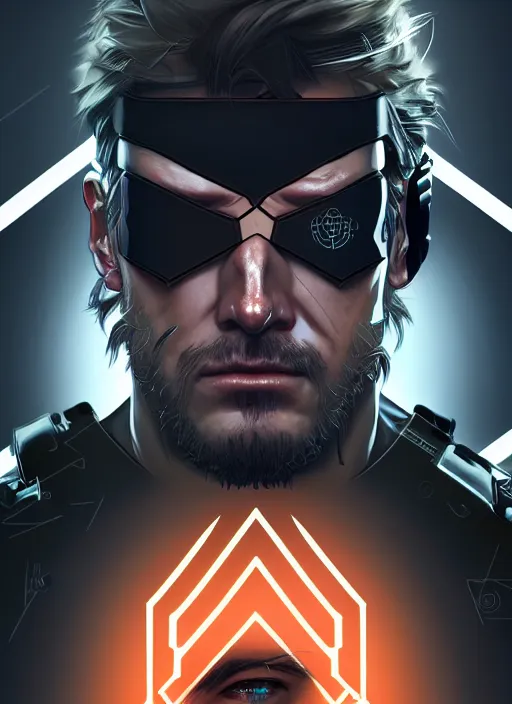 Image similar to symmetry!! portrait of solid snake, metal gear solid, tech wear, glowing lights!! intricate, elegant, highly detailed, digital painting, artstation, concept art, smooth, sharp focus, illustration, art by artgerm and greg rutkowski and alphonse mucha