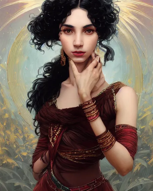 Prompt: Portrait of a black haired Goddess, holds a spark of all creation in her hands, a tiny red dragonlet, intricate dress, wide angle, intricate, elegant, overdetailed, professional digital painting, artstation, concept art, smooth, sharp focus, 8K, art by artgerm and greg rutkowski and alphonse mucha and loish and WLOP