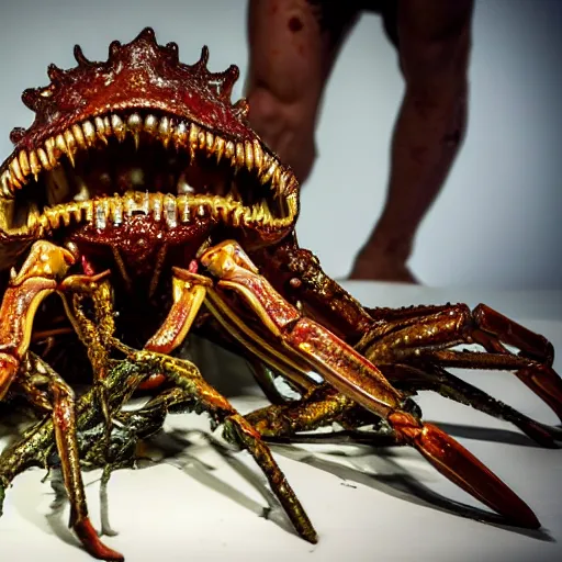 Image similar to photo taken of an epic intricate, ultra detailed, super realistic sculpture of a wet slimy nightmarish hellish demonic dead human head sprouting crab legs animatronic on display in a workshop, created by weta workshop, photorealistic, sharp focus, f 0. 4, face centred, macro photography, golden ratio, golden hour