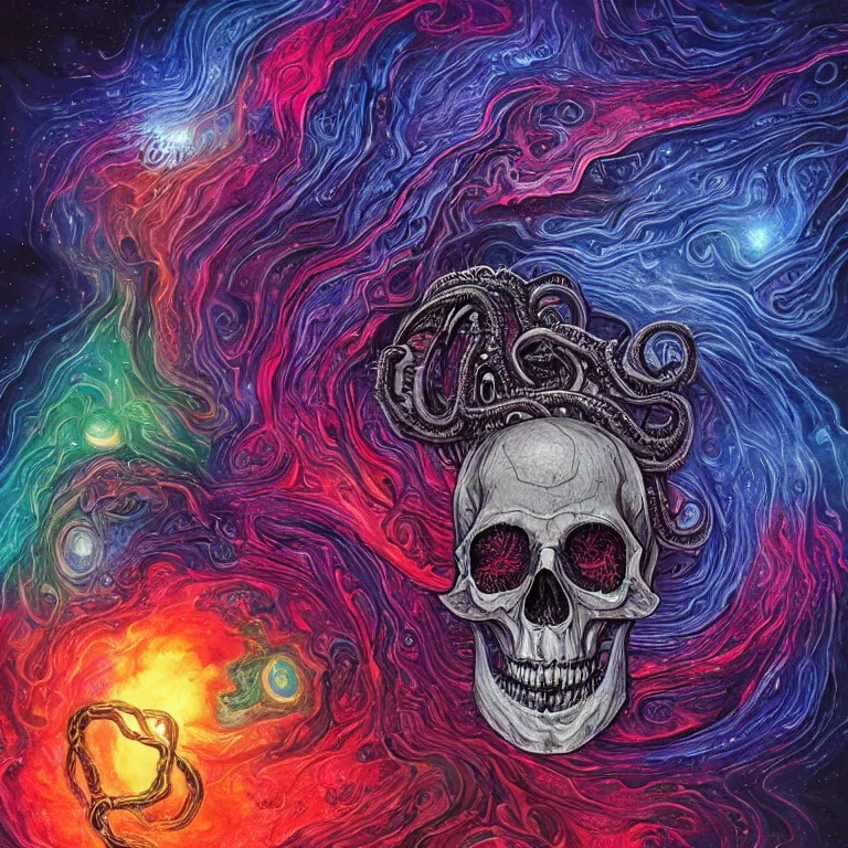 Image similar to a giant skull with deep and intricate rune carvings and glowing eyes with thick lovecraftian tentacles emerging from a space nebula by dan mumford, twirling smoke trail, a twisting vortex of dying galaxies, digital art, photorealistic, vivid colors, highly detailed, intricate