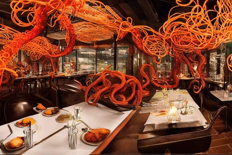 Prompt: magical restaurant serving tentacle-spaghetti to wizards