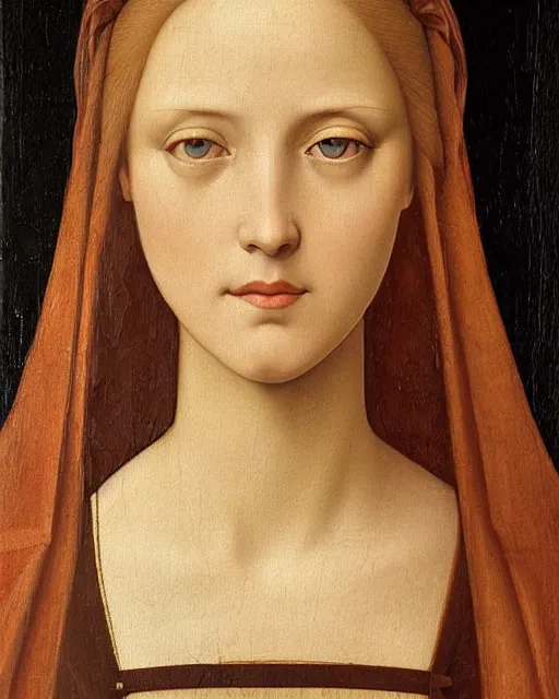 Image similar to a close up of a painting of a woman, a detailed painting by pietro perugino, behance, renaissance, da vinci, pre - raphaelite, detailed painting