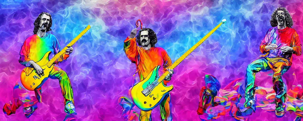 Image similar to A 3d rendered colourful portrait of frank zappa playing an electric guitar whilst riding a unicorn, digital art, 4k