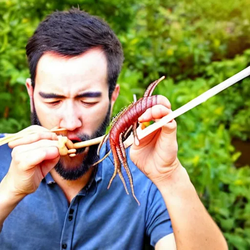 Image similar to a man eating earthworms with chopsticks